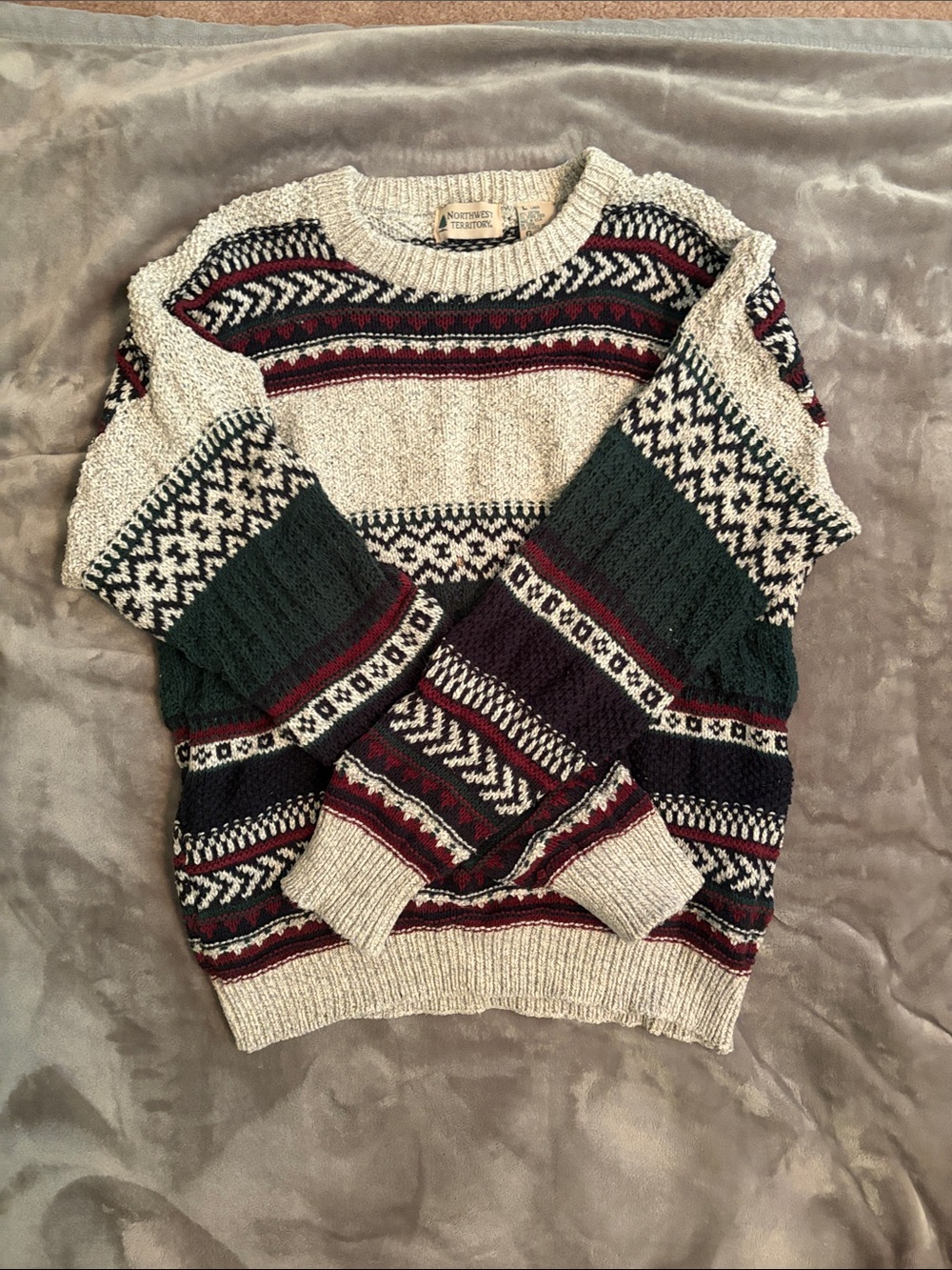 Vintage Cozy Fair Isle Knit Sweater in Green, Burgundy & Cream